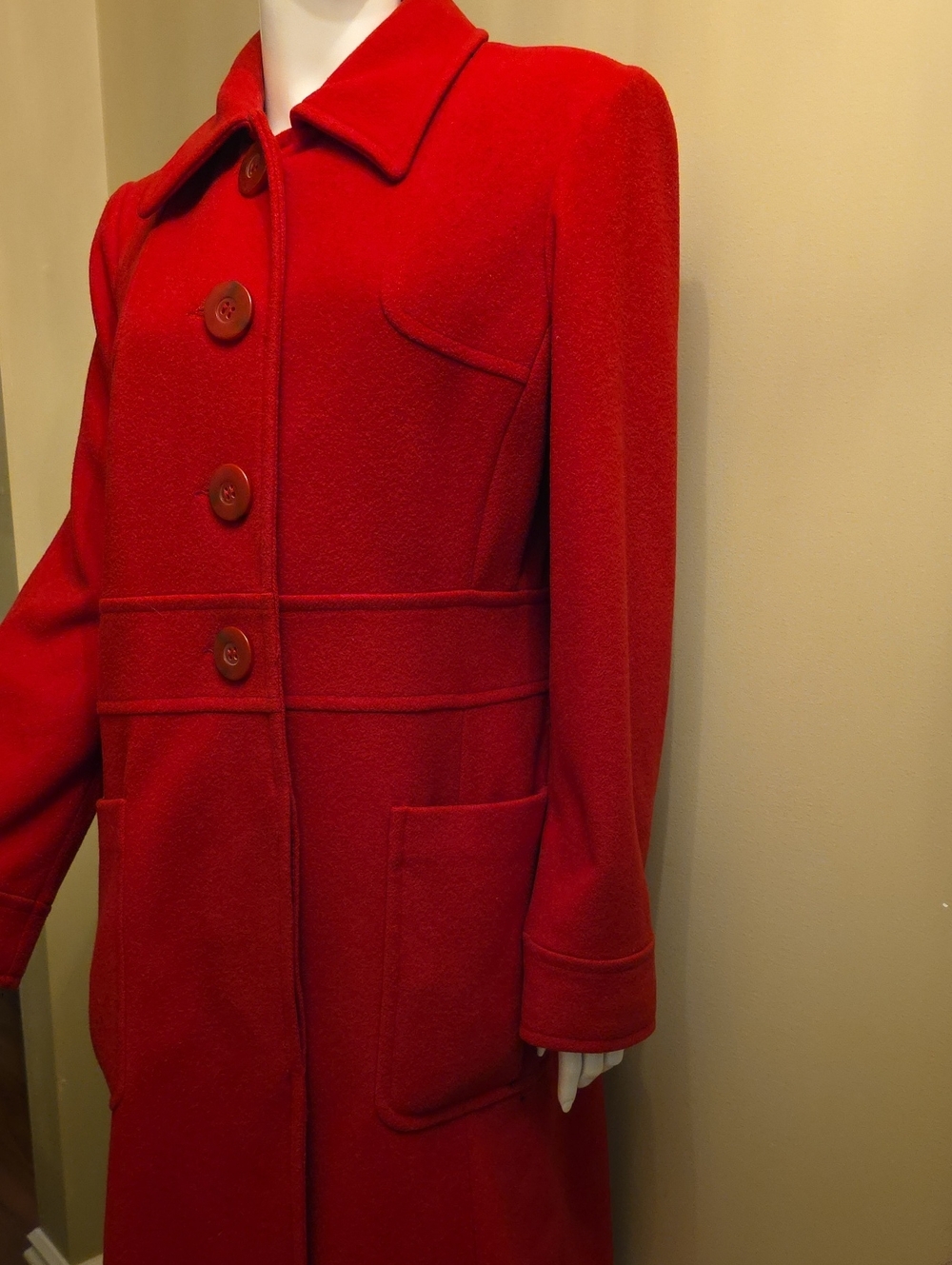 Women's Red Wool Pea Coat with Classic Button Front